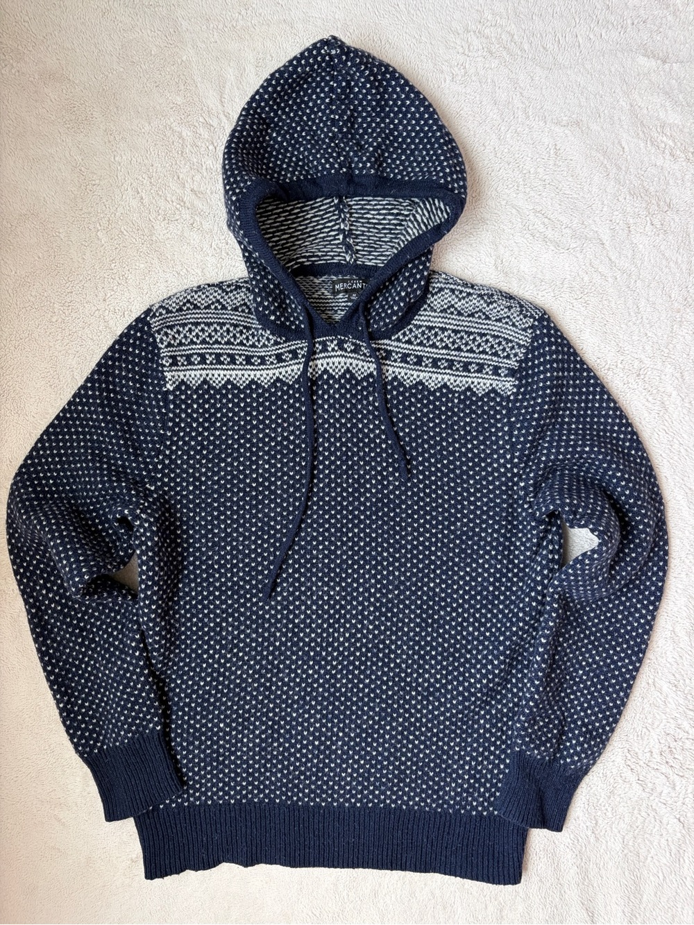 J. Crew Mercantile Men's Navy Fair Isle Knit Hoodie Sweater Size Medium